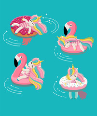 Vector swimming unicorn set. Can be used as print, postcard, invitation, greeting card, packaging design, stickers and so on.
