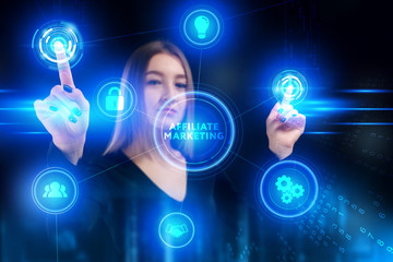 Business, Technology, Internet and network concept. Young businessman working on a virtual screen of the future and sees the inscription: Affiliate marketing