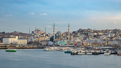 View Of Istanbul, Hagia Sophia and Blue Mosque, Boats in port, Sunset, City and Old Buildings