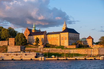 Oslo, Norway - Sunset view of medieval Akershus Fortress - Akershus Festning - historic royal...