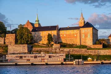 Oslo, Norway - Sunset view of medieval Akershus Fortress - Akershus Festning - historic royal...