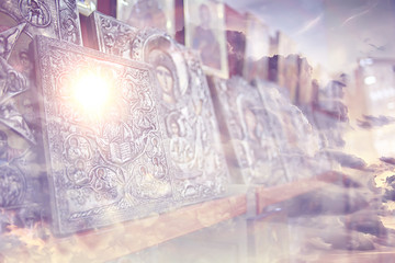 Kalambaka, Greece - September 17, 2019: Orthodox icons in a church shop, church faith concept