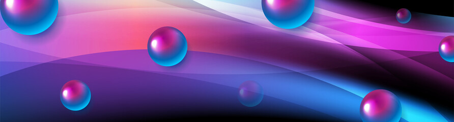 Abstract background with smooth luminous waves and glossy spheres. Blue purple neon vector banner design