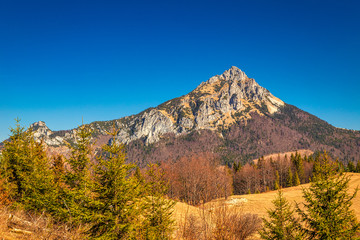 Landscape with mountains at springtime. The Great Rozsutec hill in The Mala Fatra National Park, near the village of Terchova in Slovakia, Europe.