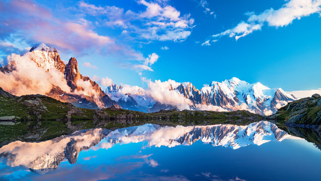 Magical sunset panorama of the Lac Blanc lake and Mont Blanc (Monte Bianco) on background, Chamonix location. Beautiful outdoor scene in Vallon de Berard Nature Reserve, France © Rastislav Sedlak SK