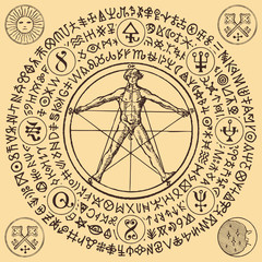 Vector illustration with a human figure like Vitruvian man by Leonardo Da Vinci and alchemical symbols. Hand-drawn banner with esoteric signs and magic runes written in a circle in retro style