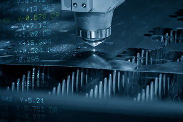 The abstract scene of fiber laser cutting machine cutting the sheet metal  plate and the G-code...