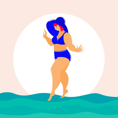 Cartoon lady in swimsuit card template. Summer girl  fashion look for design party card, sale advertising, spa resort poster, t shirt or bag print etc.