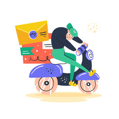 Man drivin on delivery scooter. Mail, postcards, delivery. Fast service. . Fast shop service.  Coronavirus pandemic self isolation, protection. Flat colourful vector illustration, art.