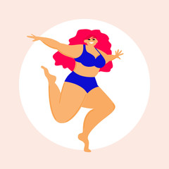 Cartoon lady in swimsuit card template. Summer girl  fashion look for design party card, sale advertising, spa resort poster, t shirt or bag print etc.