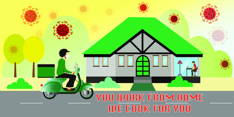 YOU STAY AT HOME, WE COOK FOR YOU. COVID-19. Coronavirus epidemic. Delivery service. Courier in protective masks deliver goods and food on a motorcycle. Stay home concept.