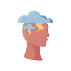 human head with rain clouds on white background