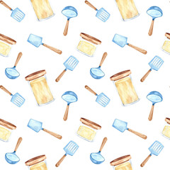 Seamless pattern, storage jar, ladle, watercolor. Design for kitchen, cafe and interior.