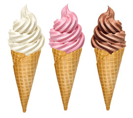Strawberry, vanilla and chocolate whip soft ice creams or frozen custard in cone isolated on white...