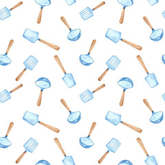 Seamless pattern, Cutlery: ladle, kitchen spatula, watercolor. Design for kitchen, cafe and interior.
