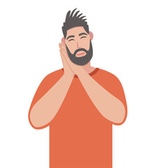 Bearded man sleeping tired dreaming and posing with hands together while smiling with closed eyes. Vector illustration in cartoon style.