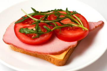 Sandwich of balyk, cheese, bread, tomatoes and arugula on a white plate on a plate view from the side