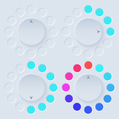 Neumorphic UI circle light set. Workflow graphic elements in Skeuomorph Trend Design. Circular Elements for smart technology and applications. Editable Vector illustration.