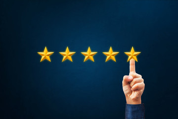 Hand of client giving a five star rating. Service rating, satisfaction concept