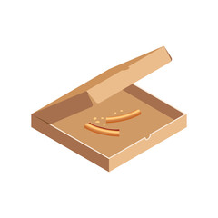 Pizza crusts in opened cardboard box isometric isolated on white background. 3d fast food scraps icon. Vector illustration for web, advert, app, design