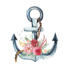Watercolor floral illustration collection - flower and green leaf branches bouquets collection, anchor with rope, for wedding invite, greetings, wallpapers, fashion. Watercolor flowers, anchor.