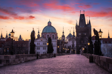 Fototapeta na wymiar Sunset time on Charles Bridge at Prague Historic City Center