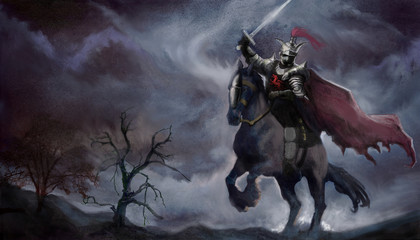 fantasy knight with sword on dark horse against stormy background © andrea