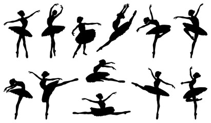 Ballerina dancer silhouette ballet dancing poses - obrazy, fototapety, plakaty