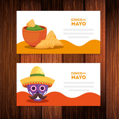 Mexican skull with hat bowl and nachos design, Cinco de mayo mexico culture tourism landmark latin and party theme Vector illustration