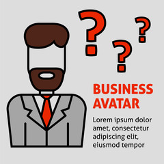 A square image with the vector outline business avatar of a man with question marks. An illustration for business template design. 