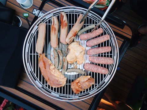 Directly Above Shot Of Sausages On Barbeque Grill