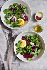home delivery of dietary food  salad from radicchio, arugula, valerian leaves with lemon and olive oil in a white bowl on a gray background. vitamin diet salad recipe. selective focus, copy space