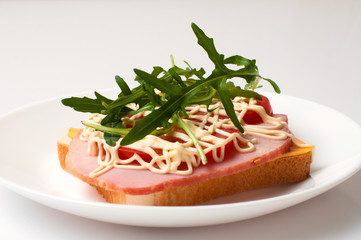Sandwich of bread for toast, sturgeon, tomatoes, arugula, cheese and mayonnaise on a white background in a plate