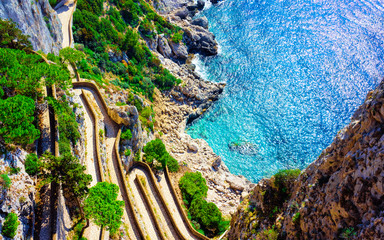 Via Krupp street at Marina Piccola in Capri Island town reflex