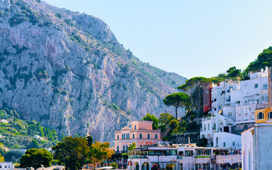 Cityscape with house architecture Capri Island at Naples Italy reflex