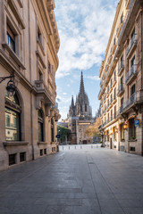 Fototapeta na wymiar Barcelona, Catalonia / Spain: 04 09 2020: empty streets with the city's cathedral in the background in the city of Barcelona during the covid-19 coronavirus pandemic