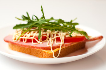Sandwich of bread for toast, sturgeon, tomatoes, arugula, cheese and mayonnaise on a white plate in a side view