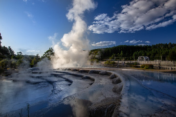 Wairakei terraces -  Volcanic heated water rises in plumes near Taupo, on New Zealand`s North Island