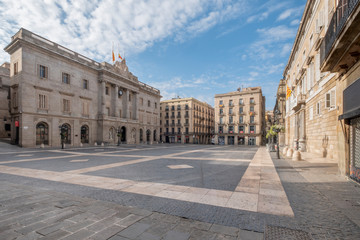 Barcelona, Catalonia / Spain: 04 09 2020: Sant Jaume square with Generalitat palace and city hall,...