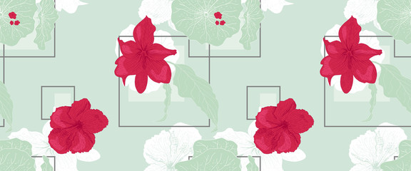 Seamless pattern with geometric and floral shapes. Carefully detailed illustration, hand drawn, rich texture. 