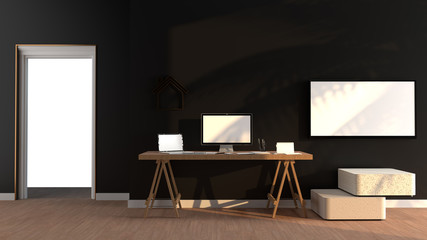 Work from home. Laptops on a table, The sunlight shines And the black wall with Square windows with shadow of leaf. Television white screen are hung on the wall, Isolated on wooden floor, 3D rendering