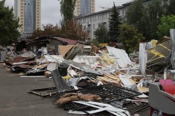 Europe, Kiev, Ukraine - August 2017: Destroyed shopping pavilions. Dismantling of commercial premises in the city center. Destroyed shops in the city center.
