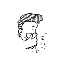hand drawn person covering his mouth with a tissue when coughing or sneezing in doodle style