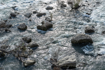 blue water background with white stones and tree branches
