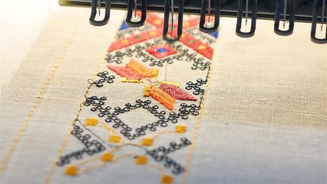 Machine embroidery is an embroidery process whereby a sewing machine or embroidery machine is used to create patterns on textiles. Textile: Industrial Embroidery Machine. Sewing equipment, loom.