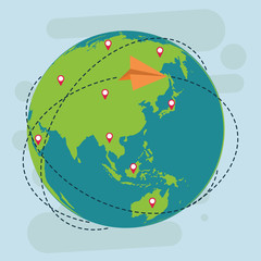 Naklejka premium Paper plane flying arround the globe vector illustration
