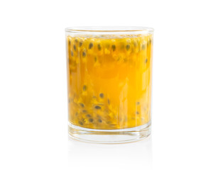 Fresh passion fruit juice in glass with green leaf isolated on white background, fruit healthy concept