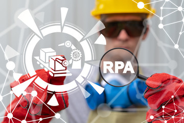 Robotic Process Automation (RPA) Industrial Innovative Technology. Production Robot Artificial Intelligence Automatic Conveyor Belt Concept.