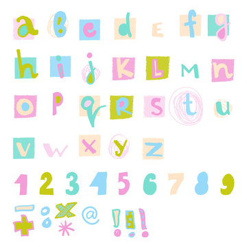 font for children is colorful and fun, hand-drawn and numbers in the style of naive drawing for baby and kids