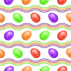 Seamless Pattern with colorful 3D Easter eggs and wavy lines. Vector illustration on white background. Great for celebration Easter designs, festive background, greeting cards, prints, packing, etc.